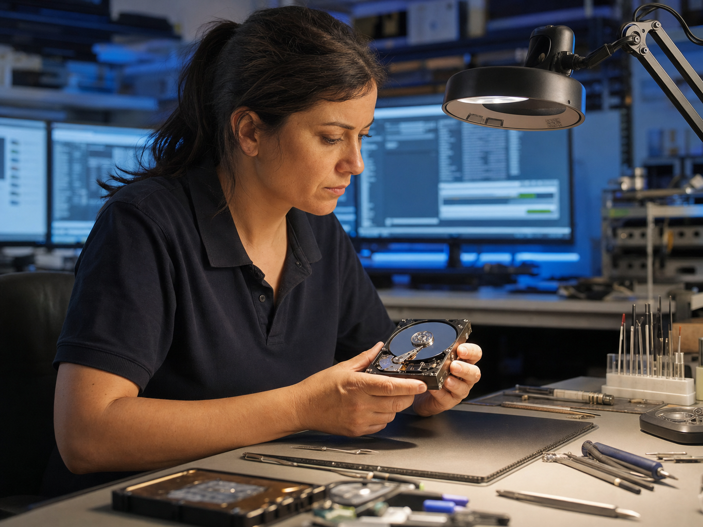 Francesca Testa al banco di lavoro mentre recupera dati da un hard disk danneggiato nel laboratorio di Ravenna