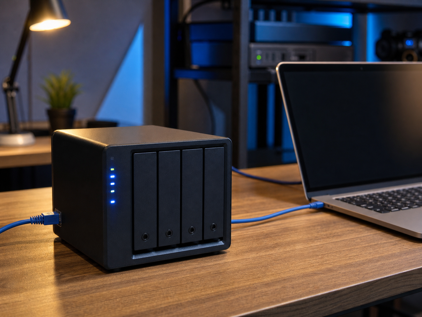 Sistema NAS per backup automatico collegato a un PC in un piccolo ufficio