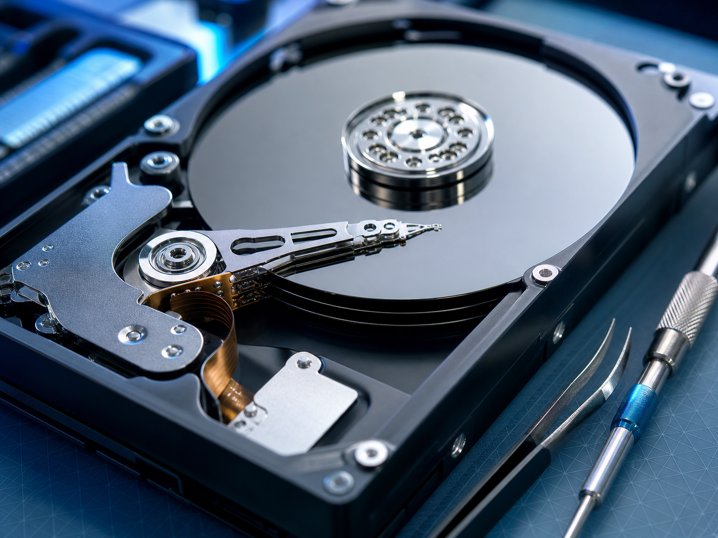 Hard disk aperto in camera pulita durante un intervento di recupero dati a Ravenna
