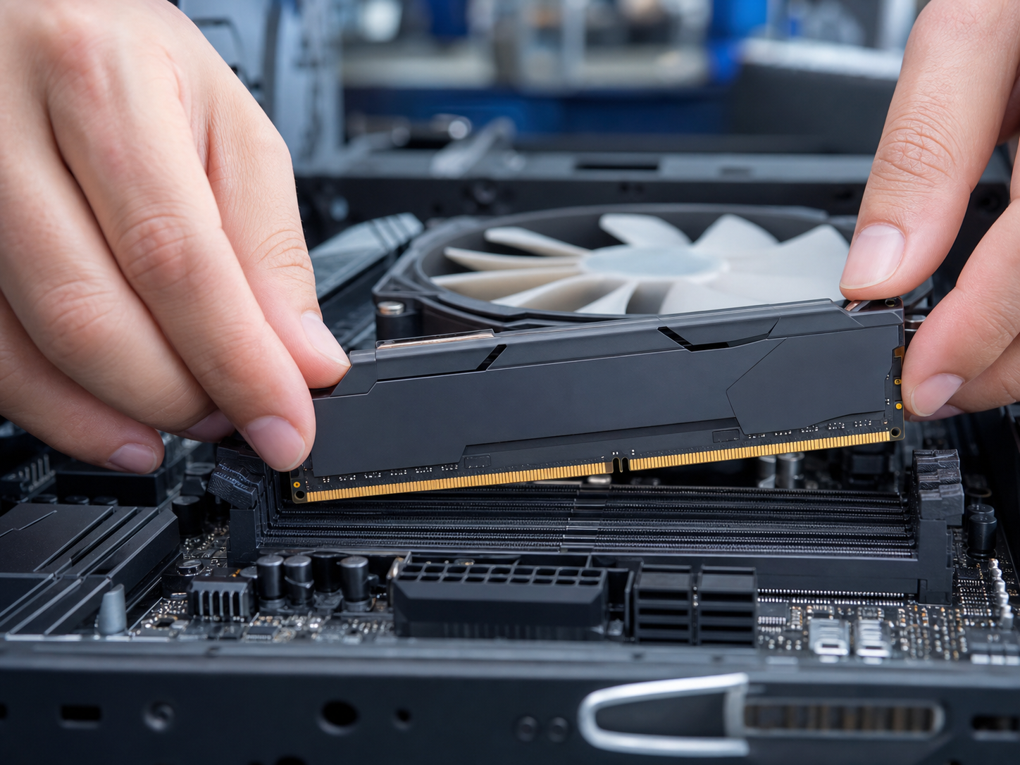 Installazione di un modulo di RAM in un case PC durante un intervento di potenziamento memoria